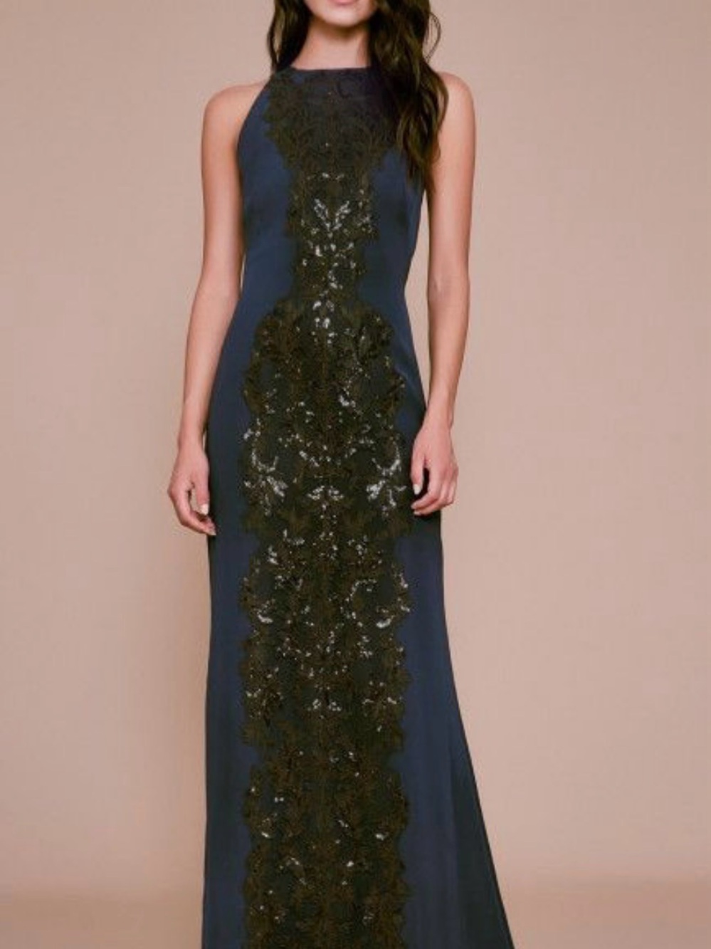 Tadashi Shoji Black Embellished Halter Evening Gown Rizal Crepe Gown in blue